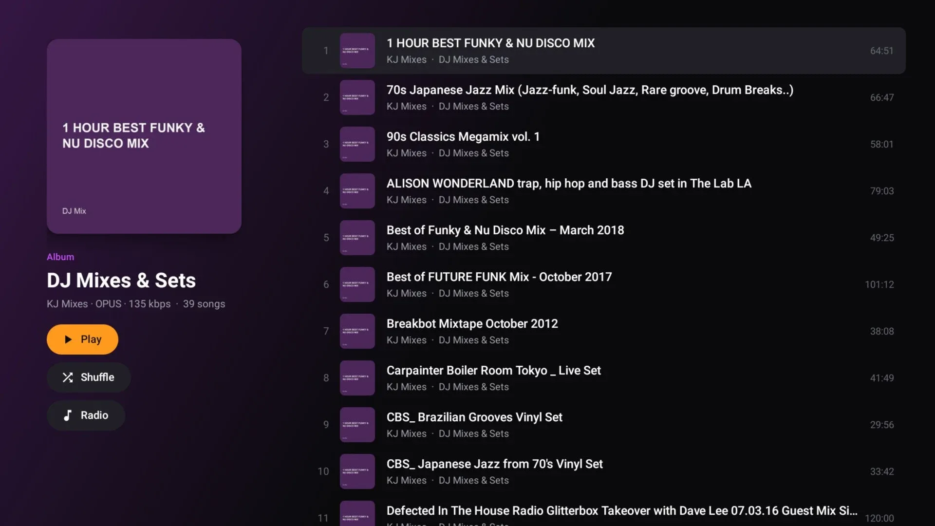 An album page with the cover, a wash of its color, a round Play button and the track list
