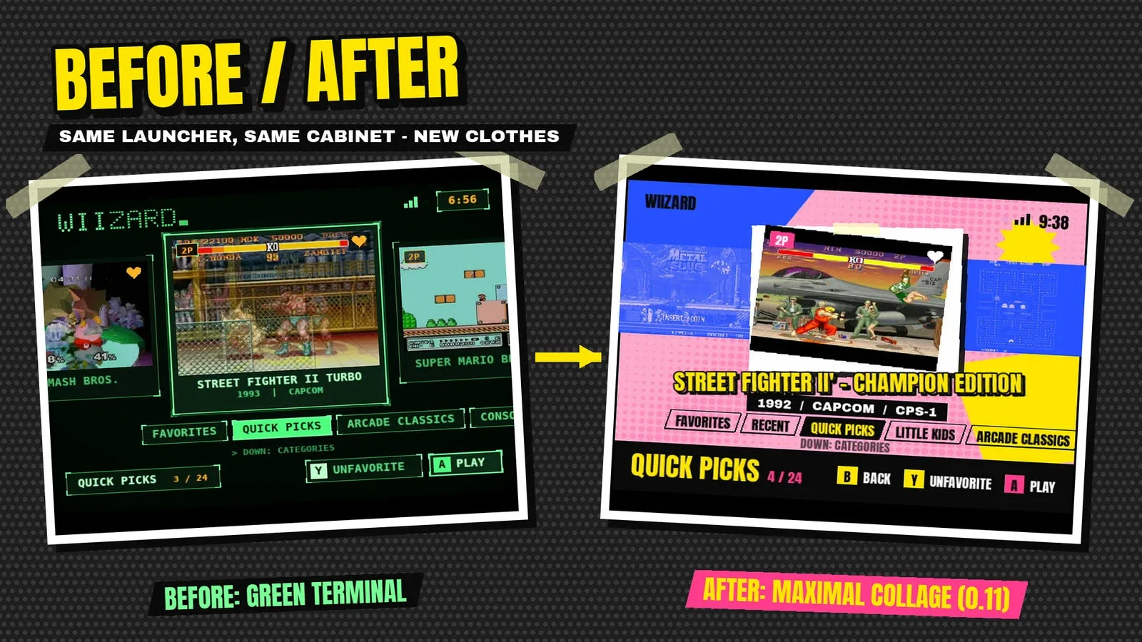Before and after: the green terminal menu and the maximal collage look on the same cabinet