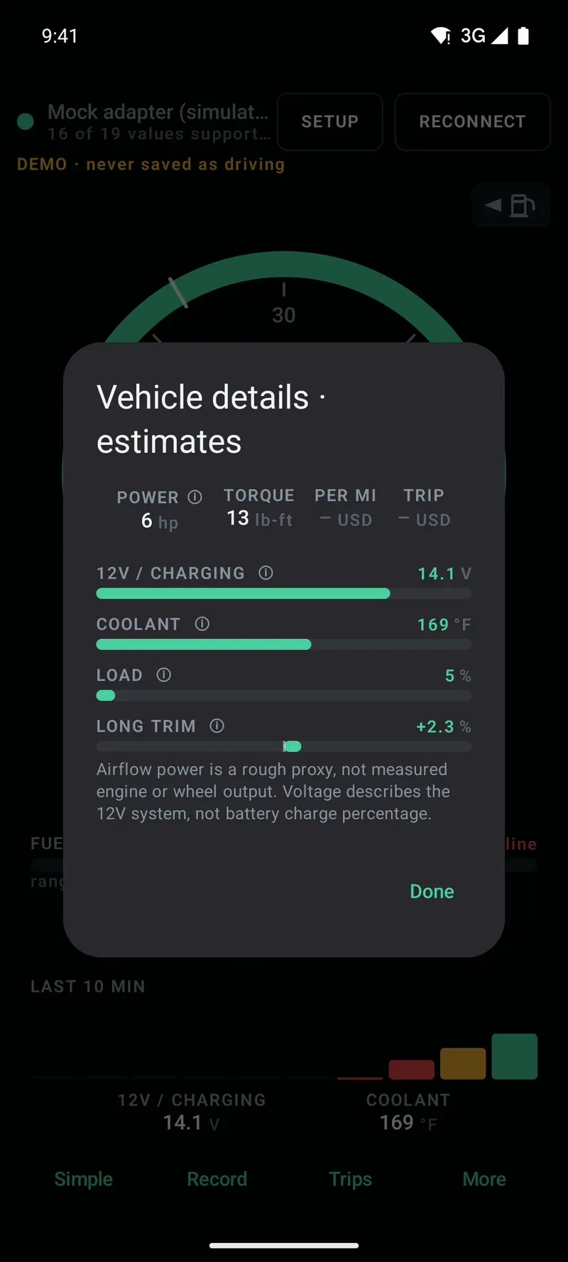 Vehicle details: estimated power and torque, charging voltage, coolant, load and fuel trim
