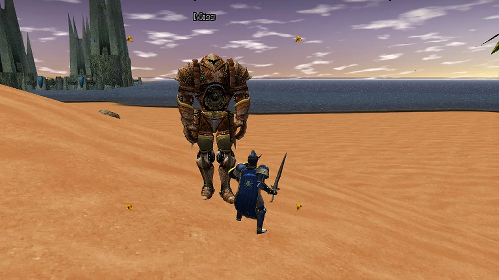 Hollowtide: a player facing an Aetherium Golem on a sunlit coast