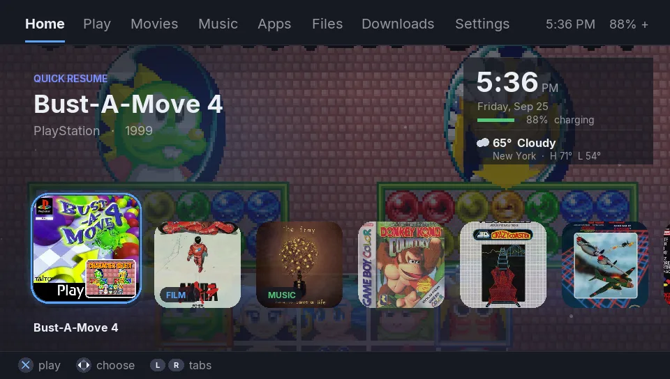 VitaOS Home: Quick Resume, recent games, clock, battery and weather