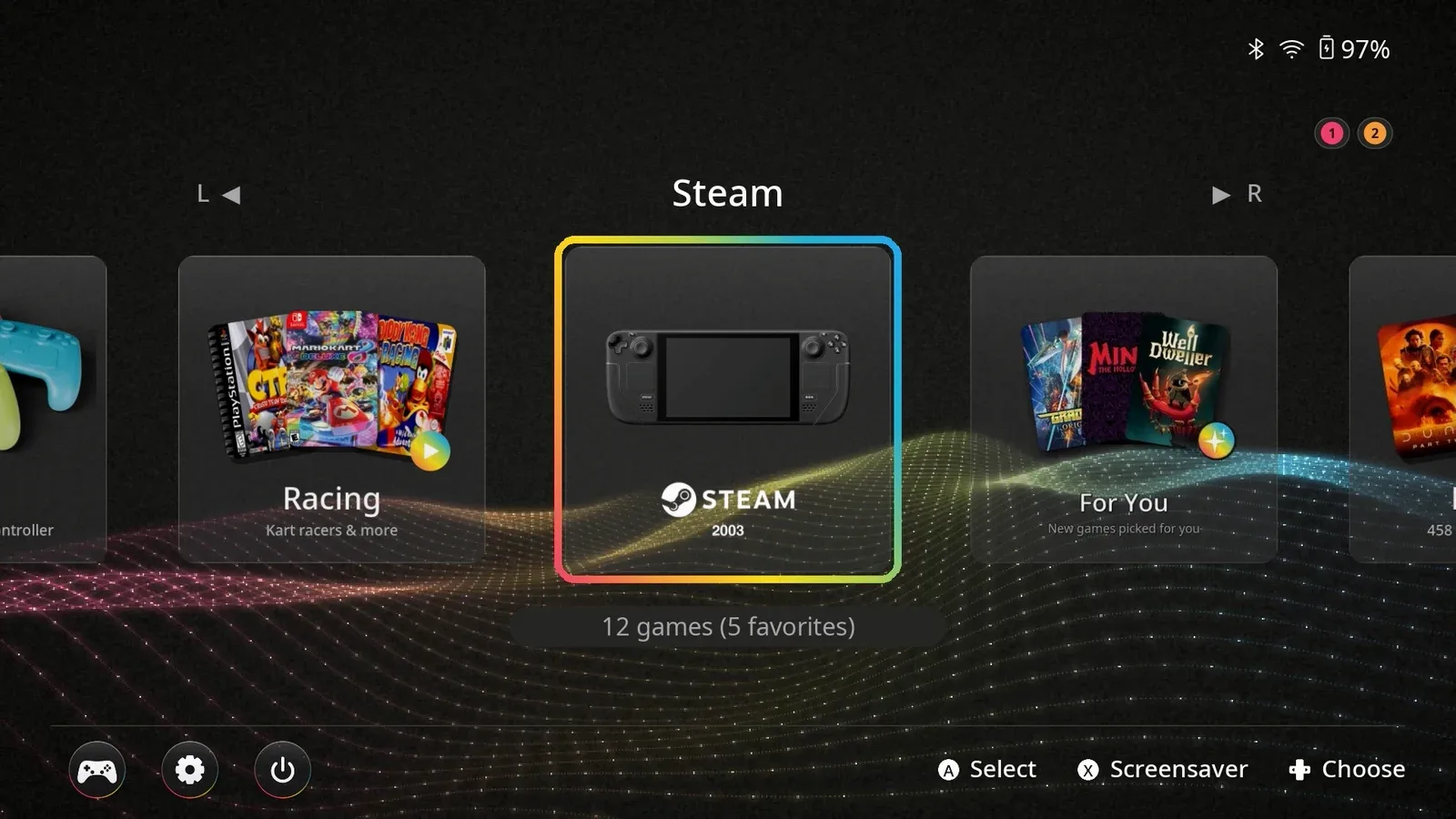 The Prism home screen with collections: Racing, Steam, For You