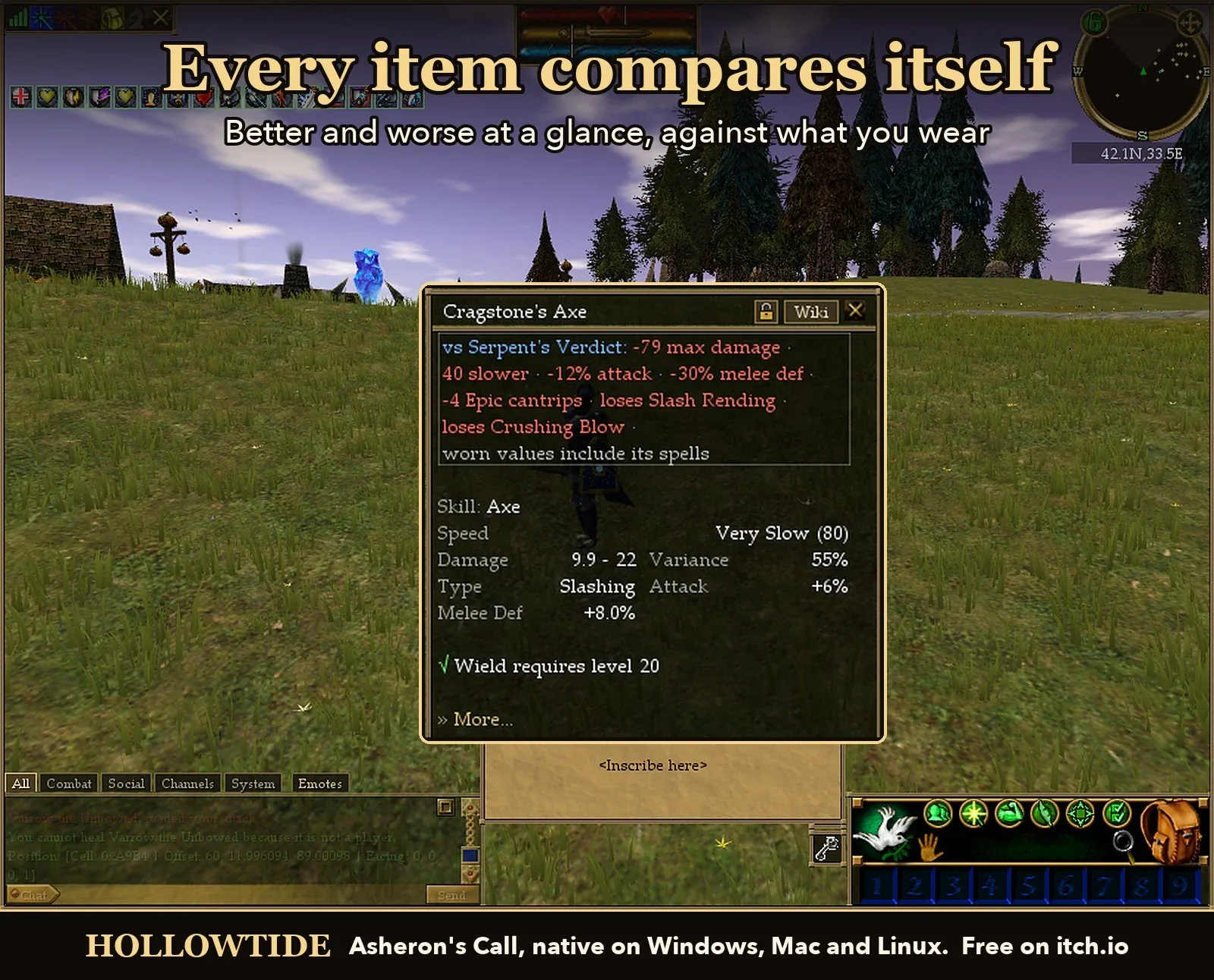 Item comparison tooltip showing what a new axe changes