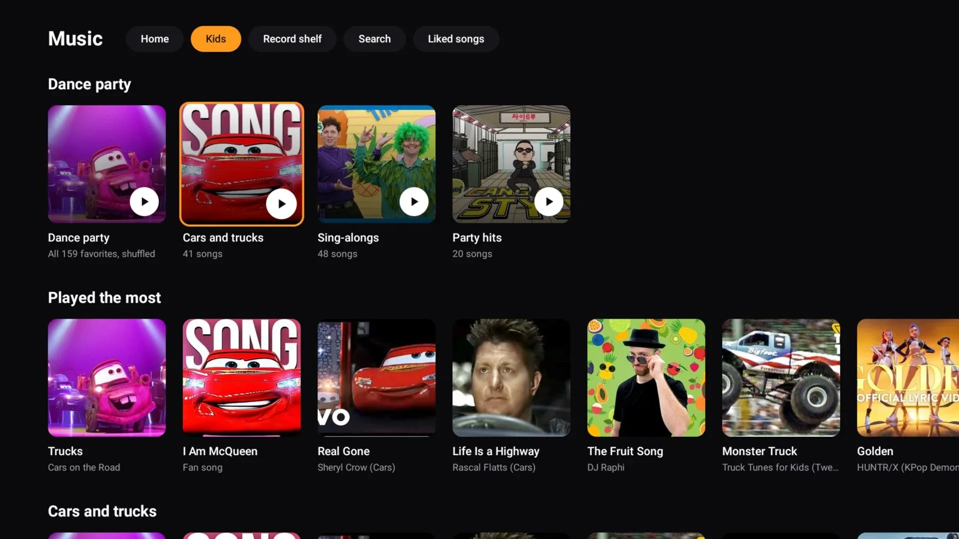 The Kids tab: Dance party, Cars and trucks, Sing-alongs and Party hits stations above the most-played songs