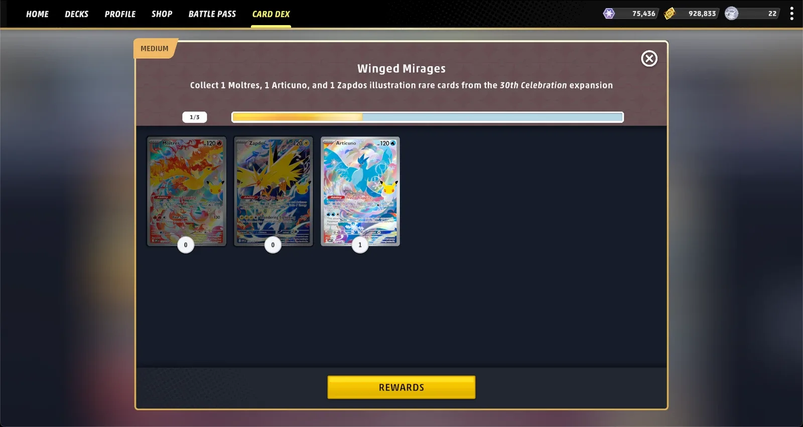Live mission details: one owned card in full color and two darkened cards still needed