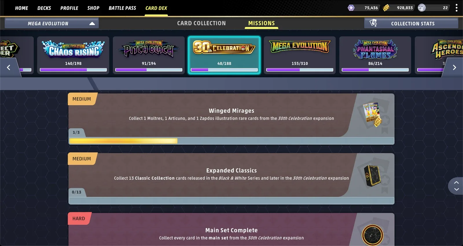 Live Research Missions list: Medium and Hard missions with progress bars