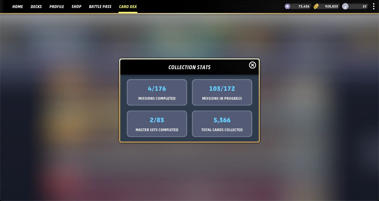 Live Collection Stats: missions completed, missions in progress, master sets completed and total cards collected