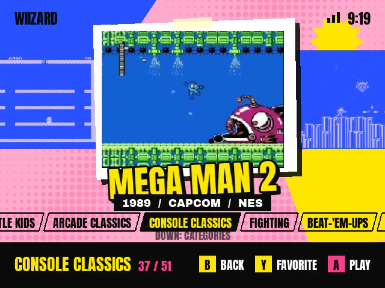 The menu: the selected game's clip on a taped photo, neighbors as blue duotones