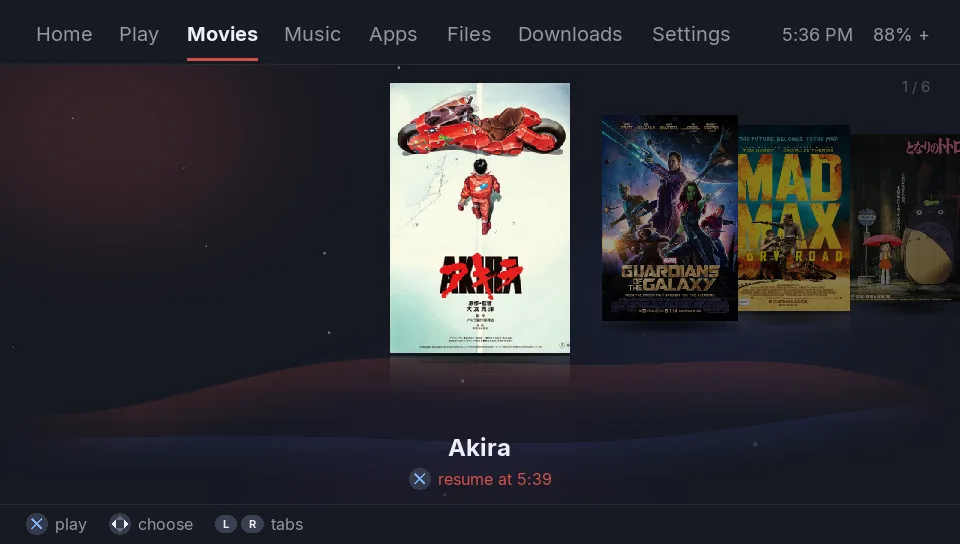 Movies tab: cover flow of films with resume