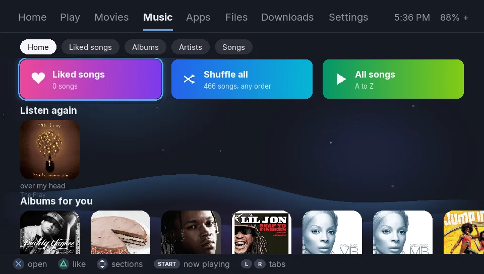 Music tab: liked songs, shuffle and albums