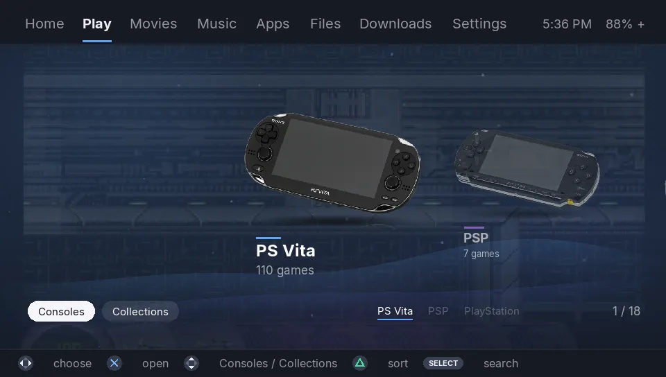 Play tab: games by console with box art