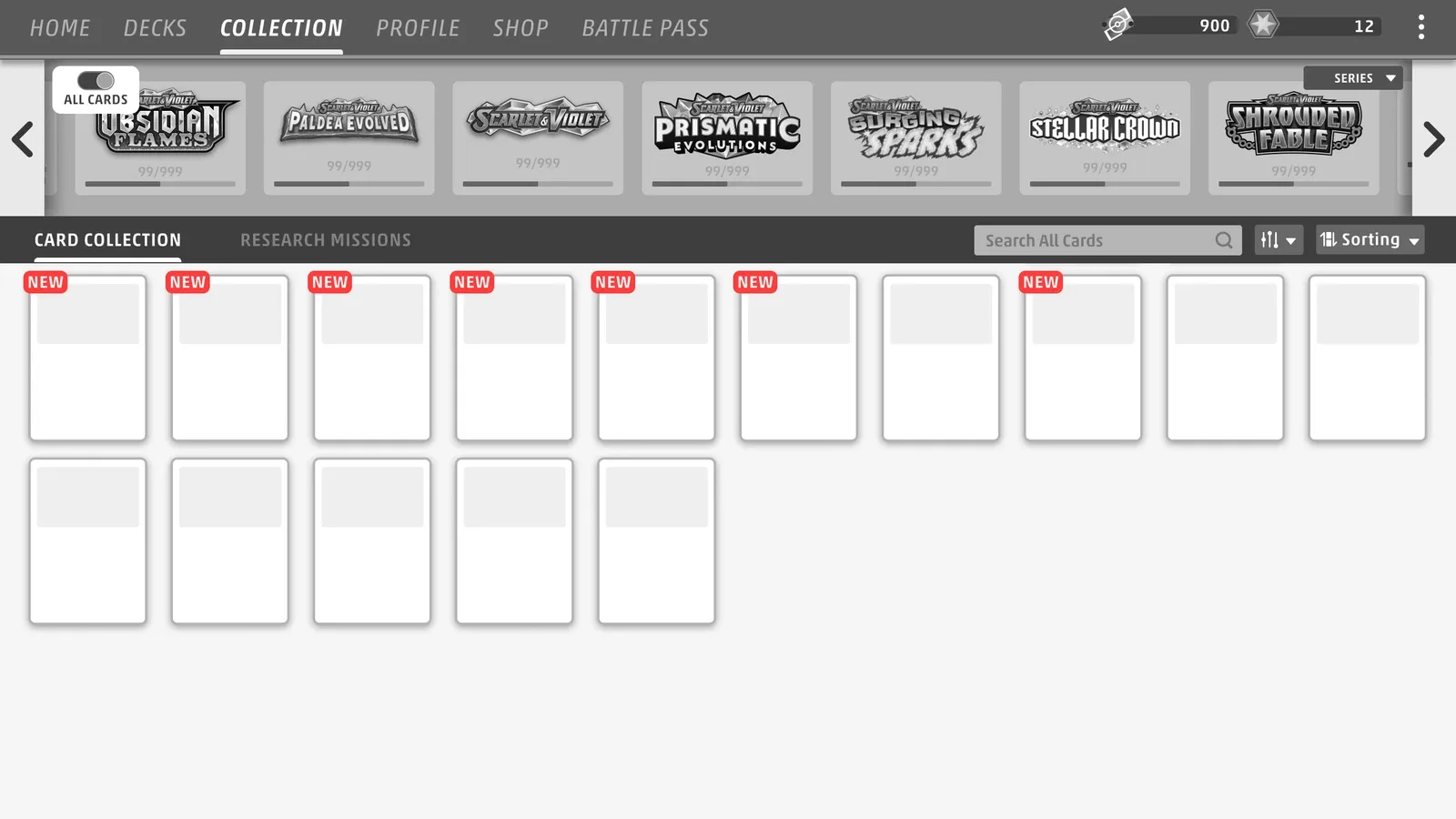 Grey-box prototype: an expansion's cards with New tags on the latest additions