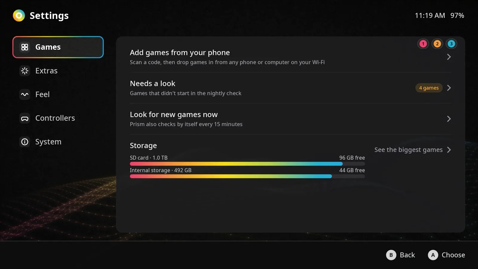 Prism settings: add games from your phone, storage and more