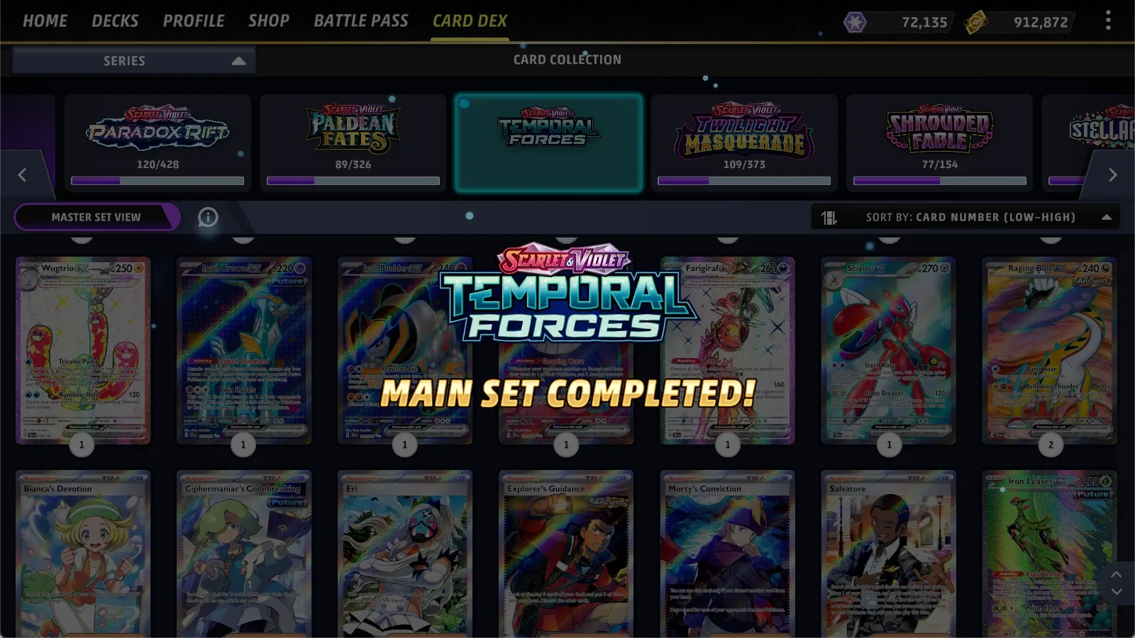 Shipped Card Dex: Main Set Completed celebration for Temporal Forces