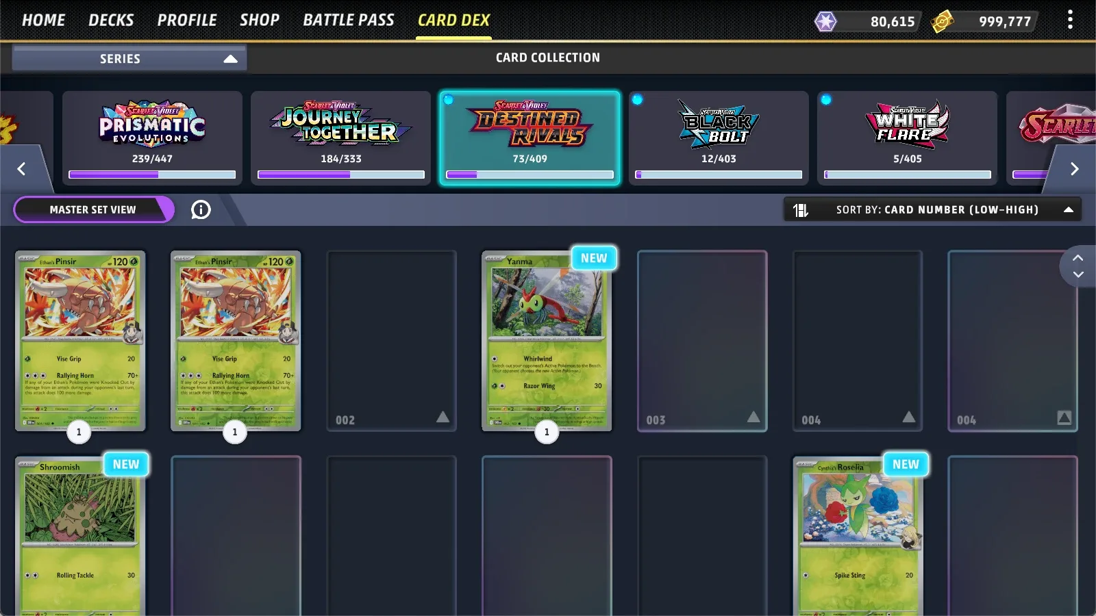 Shipped Card Dex: the same expansion view with New tags in the live game