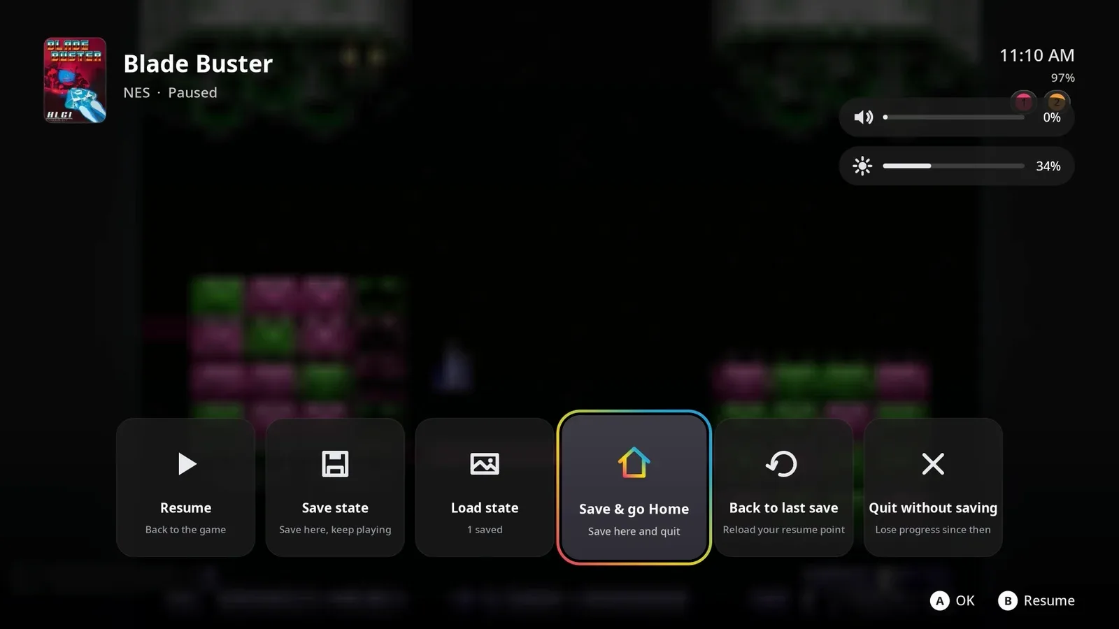 The Steam button card over a paused game