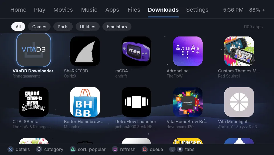 Downloads tab: the homebrew store